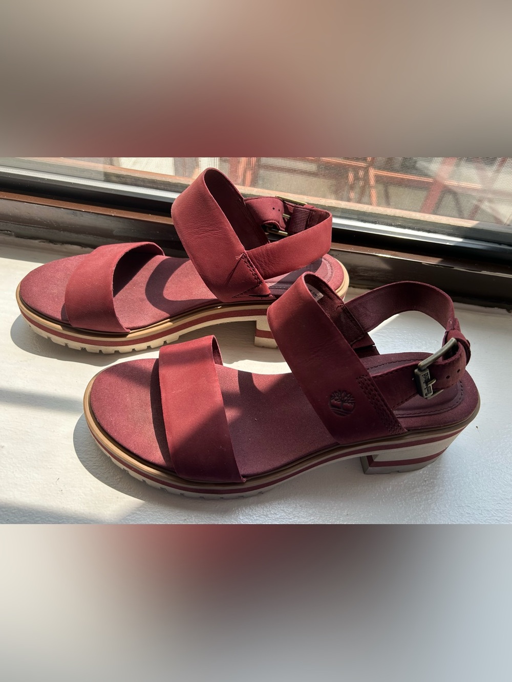 Timberland Women’s Maroon Suede Block Heel Sandals Size 8.5